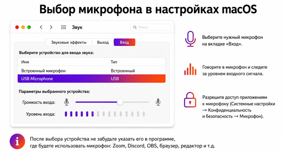 Выбор и настройка микрофона в macOS