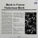 Виниловая пластинка THELONIOUS MONK - MONK IN FRANCE (180 GR)