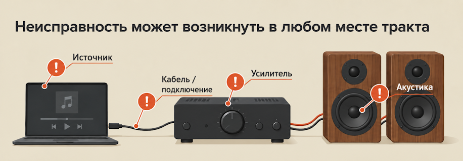 Неисправность акустической системы может возникнуть в любом месте звукового тракта