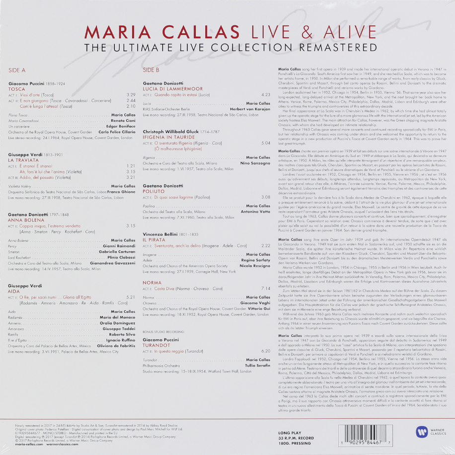 Оборот пластинки MARIA CALLAS - MARIA CALLAS: LIVE AND ALIVE