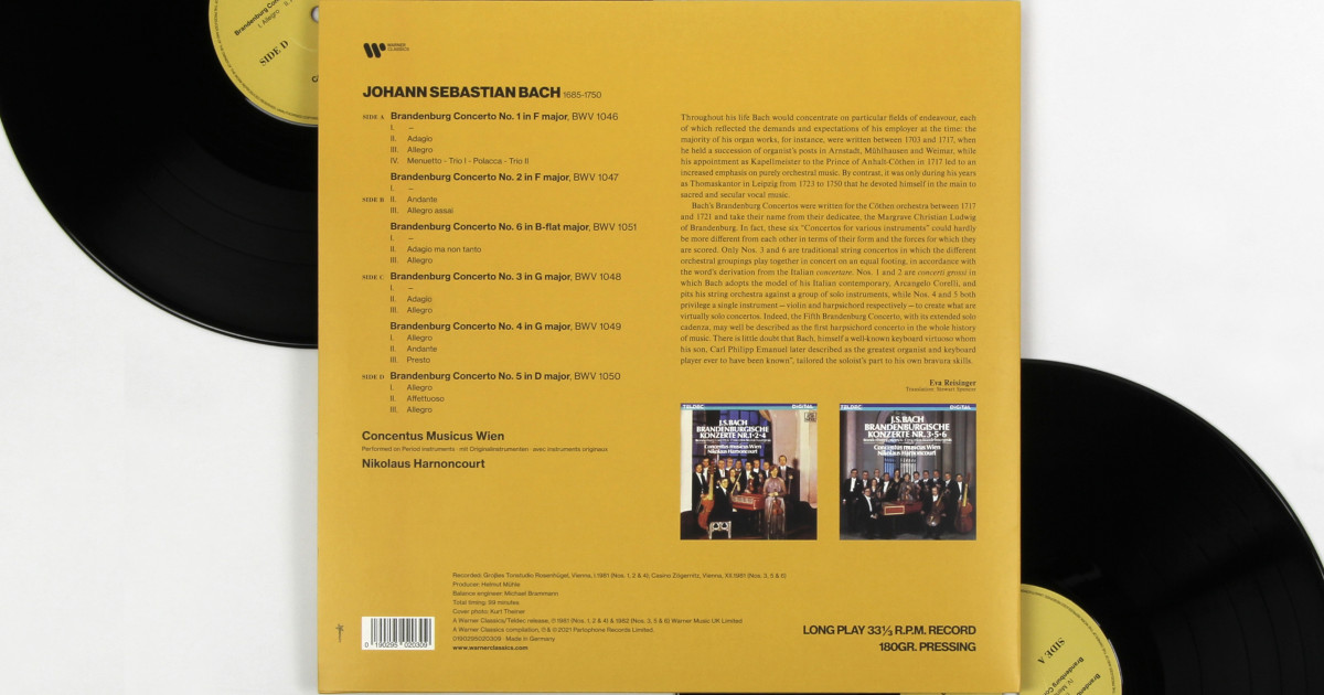 Виниловая пластинка NIKOLAUS HARNONCOURT & CONCENTUS MUSICUS WIEN - BACH: THE BRANDENBURG CONCERTOS NOS. 1-6 (2 LP, 180 GR)