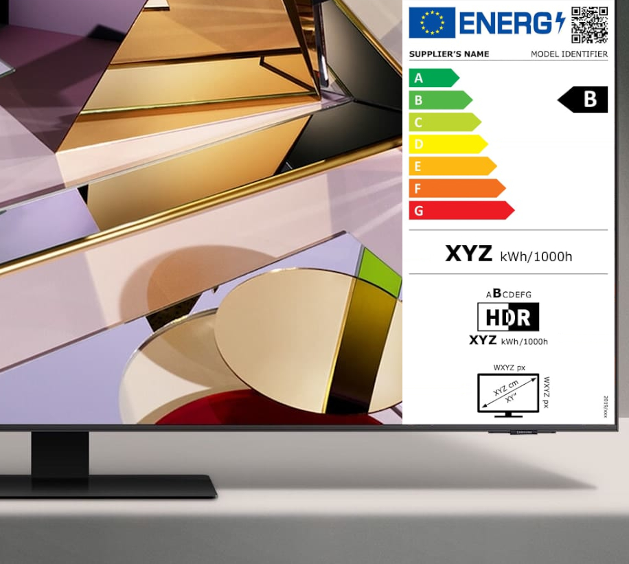 Телевизор, изображающий разноцветные текстуры и таблицу с европейскими стандартами энергоэффективности