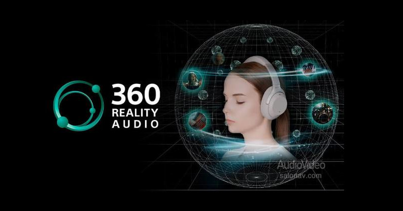 Логотип технологии 360 Reality Audio и голова девушки в охватывающих наушниках