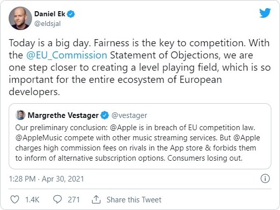 Скрин твита Даниэля Эка, CEO компании Spotify