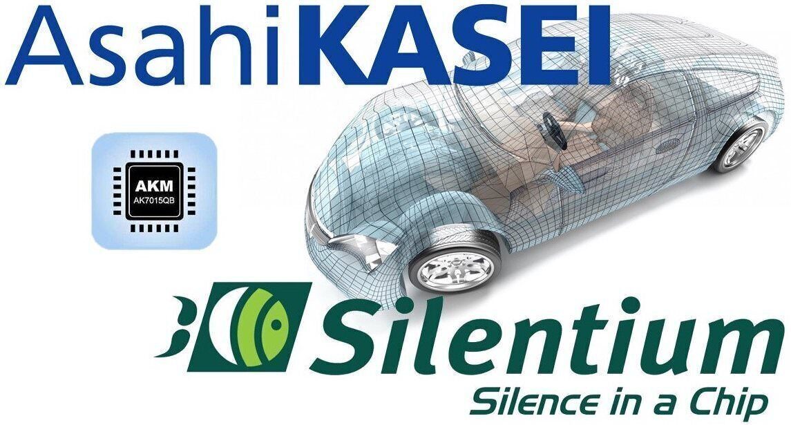 Логотипы AKM и Silentium на фоне чипа системы активного шумоподавления и 3D схематичного изображения устройства автомобиля