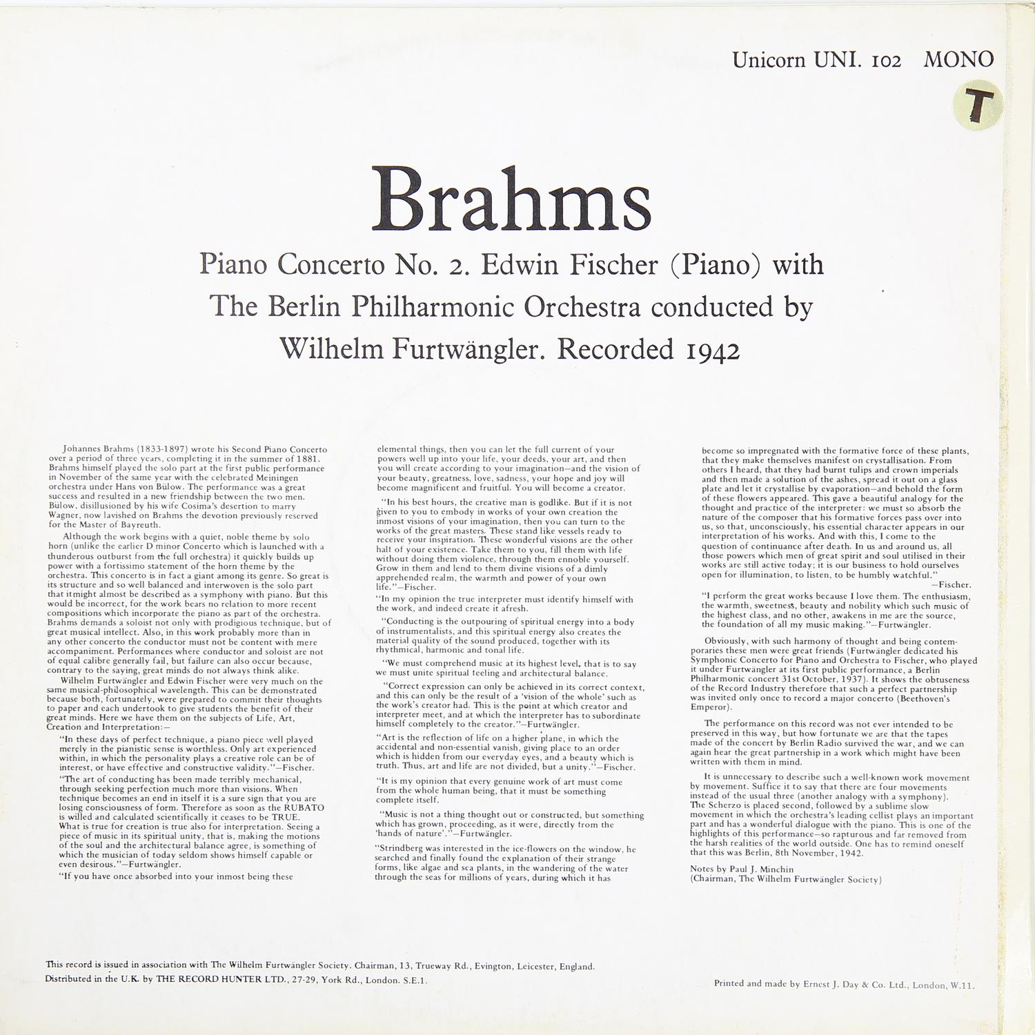 BrahmsВинтаж - : Piano Concerto № 2 (recorded 1942) (edwin Fischer) - фото 2