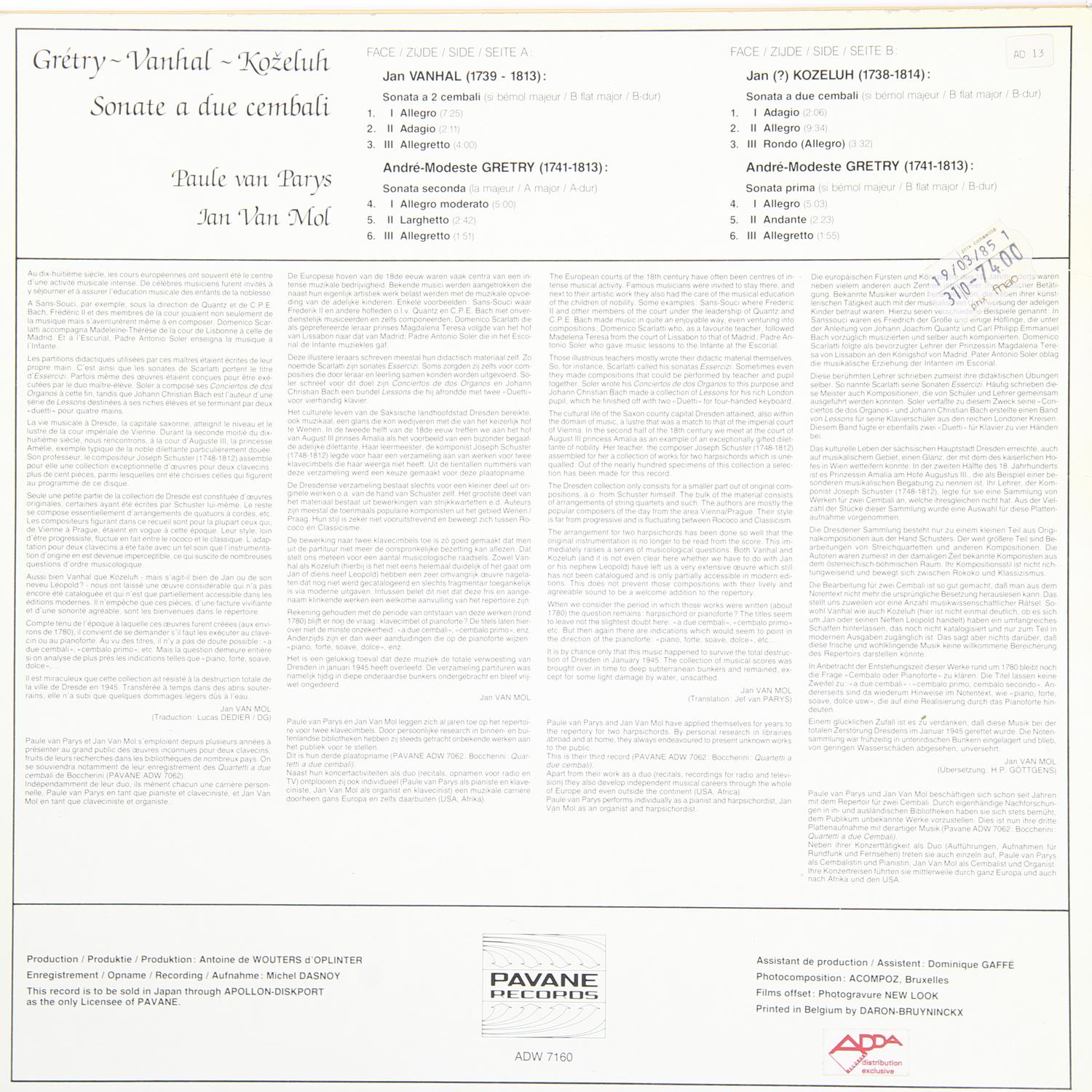 Винтаж - Gretry, Vanhal, Kozeluh: Sonate A Due Cembali (paule Van Parys, Jan Van Mol) - фото 2