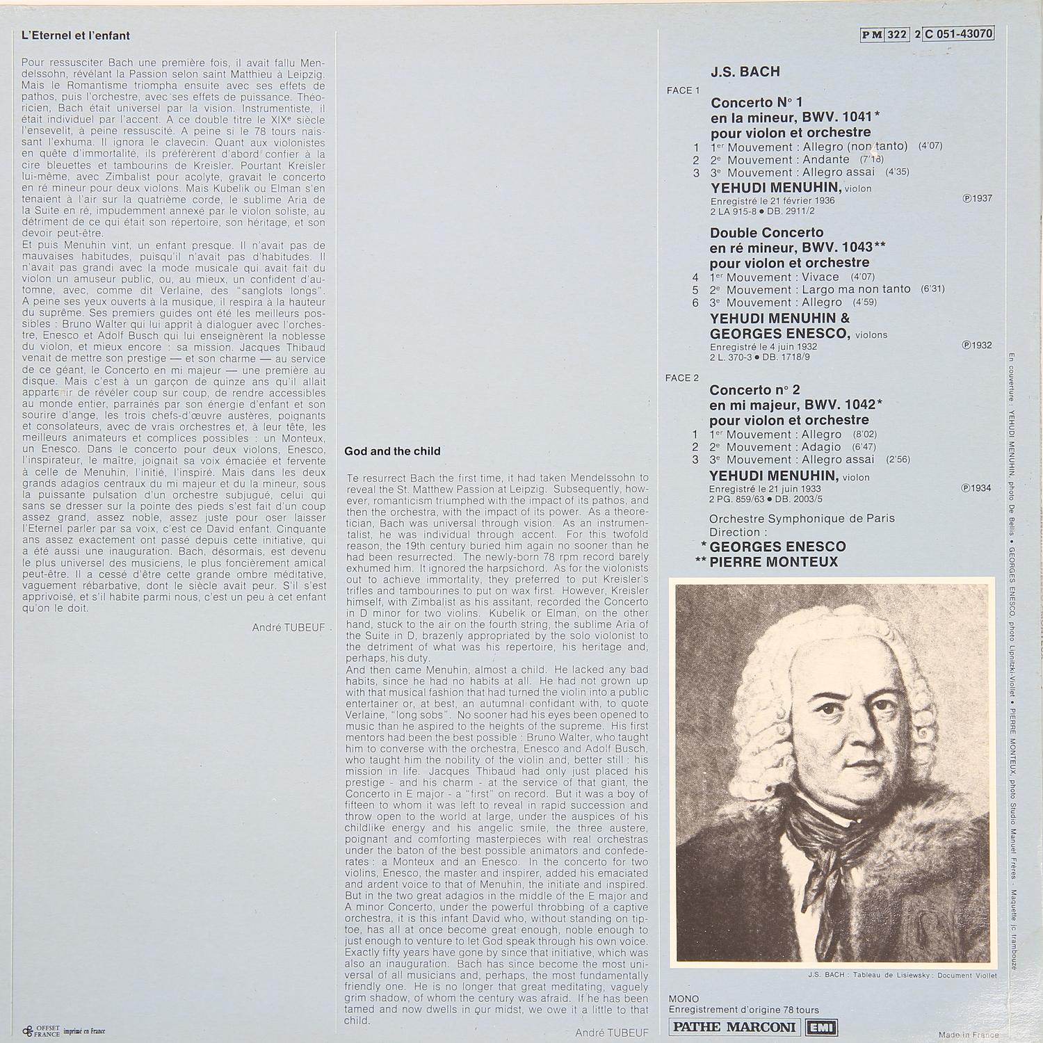 Винтаж - J. S. Bach: Concertos Pour Violon № 1, Bwv. 1041, № 2, Bwv. 1042, Double Concerto, Bwv. 1043 (yehudi Menuhin) - фото 2