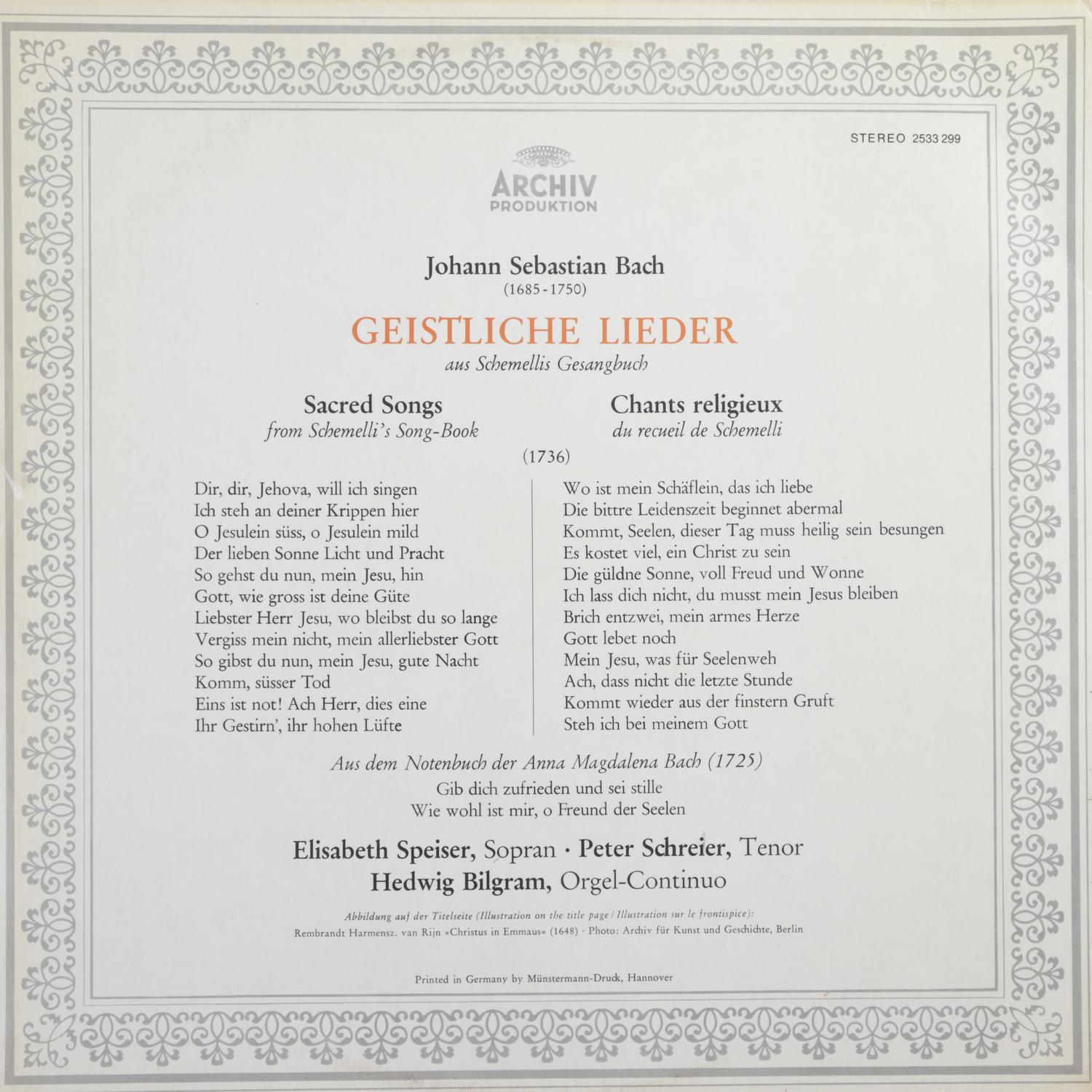 Виниловая пластинка ВИНТАЖ JOHANN SEBASTIAN BACH GEISTLICHE LIEDER