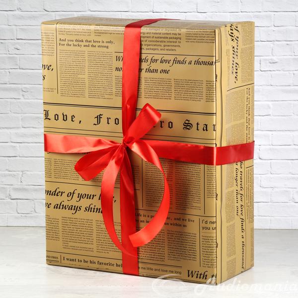 Подарочная упаковка нашей продукции Audiomania Подарочная упаковка большой коробки ГАЗЕТА с красным бантом, Подарки для любителей музыки, Подарочная упаковка нашей продукции