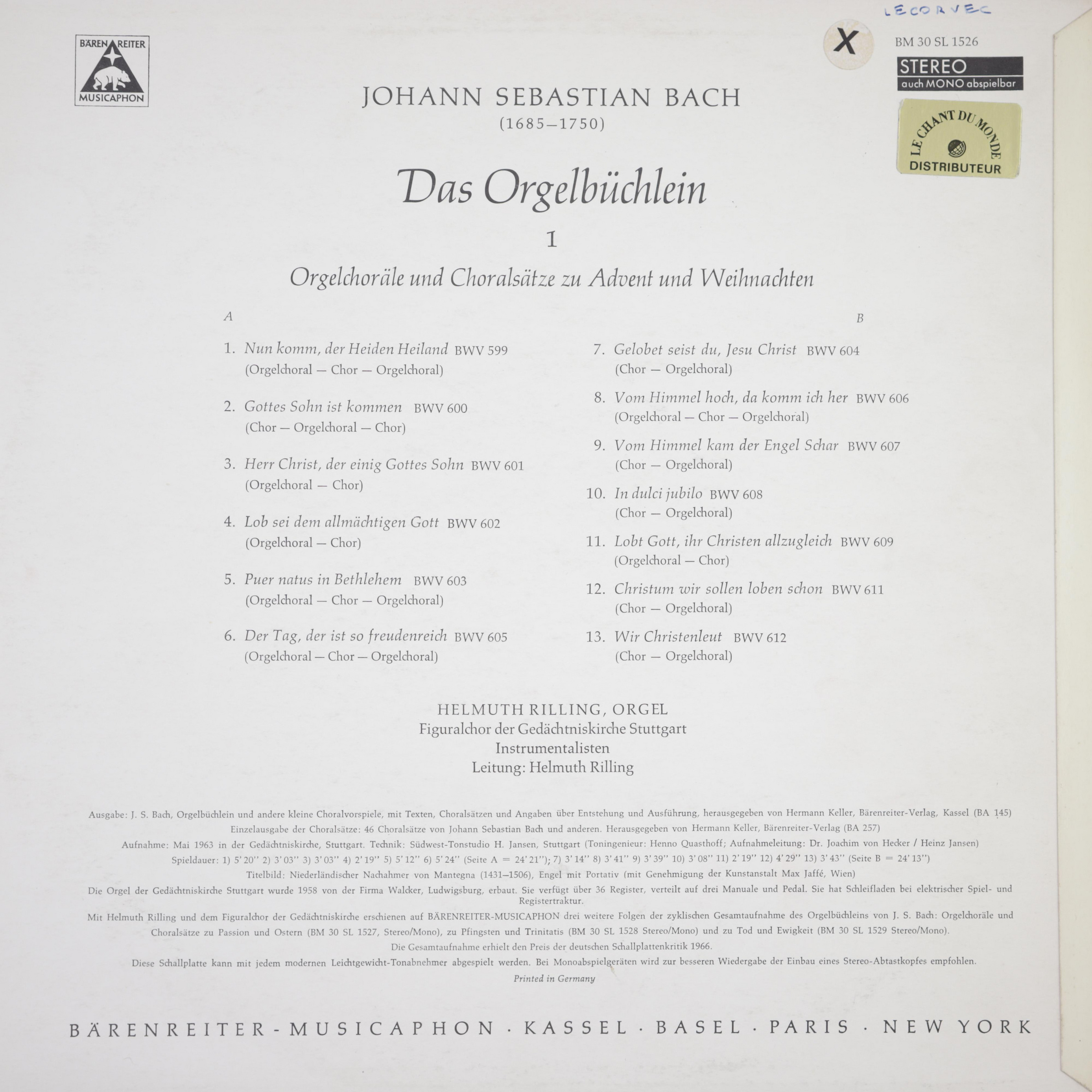 Виниловая пластинка ВИНТАЖ - BACH - DAS ORGELBUCHLEIN 1 (HELMUTH ...