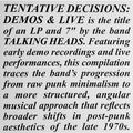 Виниловая пластинка TALKING HEADS - TENTATIVE DECISIONS - DEMOS & LIVE (LIMITED, COLOUR, 2 LP)